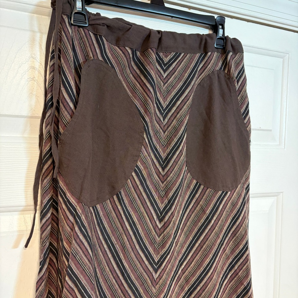Avatar Brown Chevron Striped Cotton A-Line Midi Skirt XL Pockets Boho Hippie